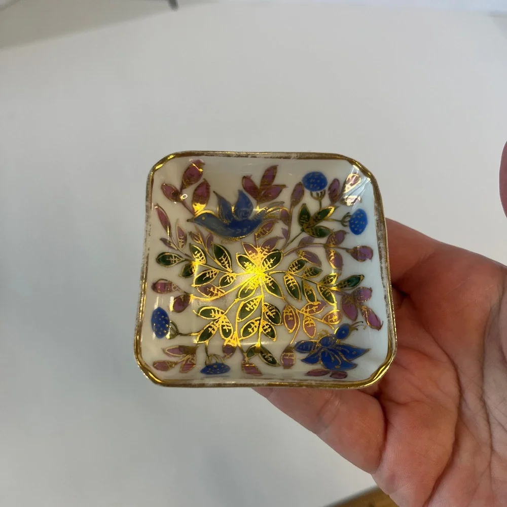 Vintage Porcelain Trinket Dish Set Bird Floral Gold Gilt Square Ring Trays 2pc